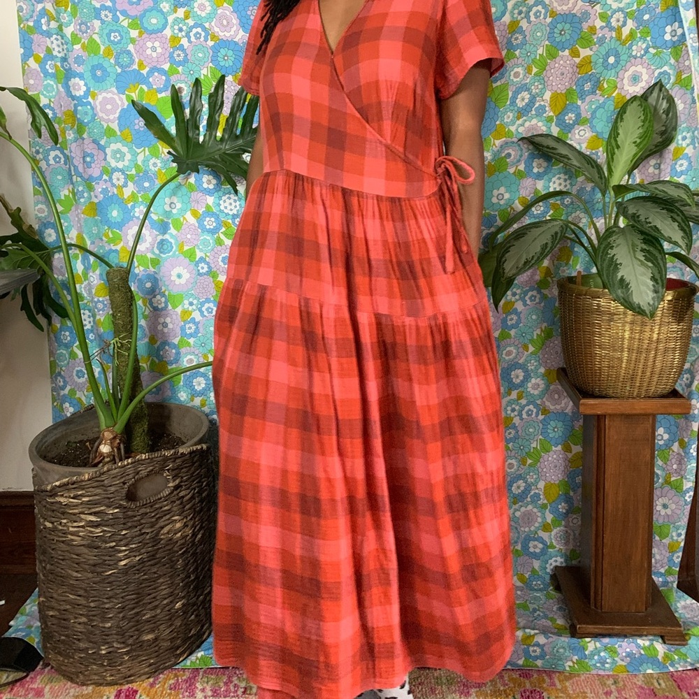 Orange, pink. and red checkered wrap cotton dress